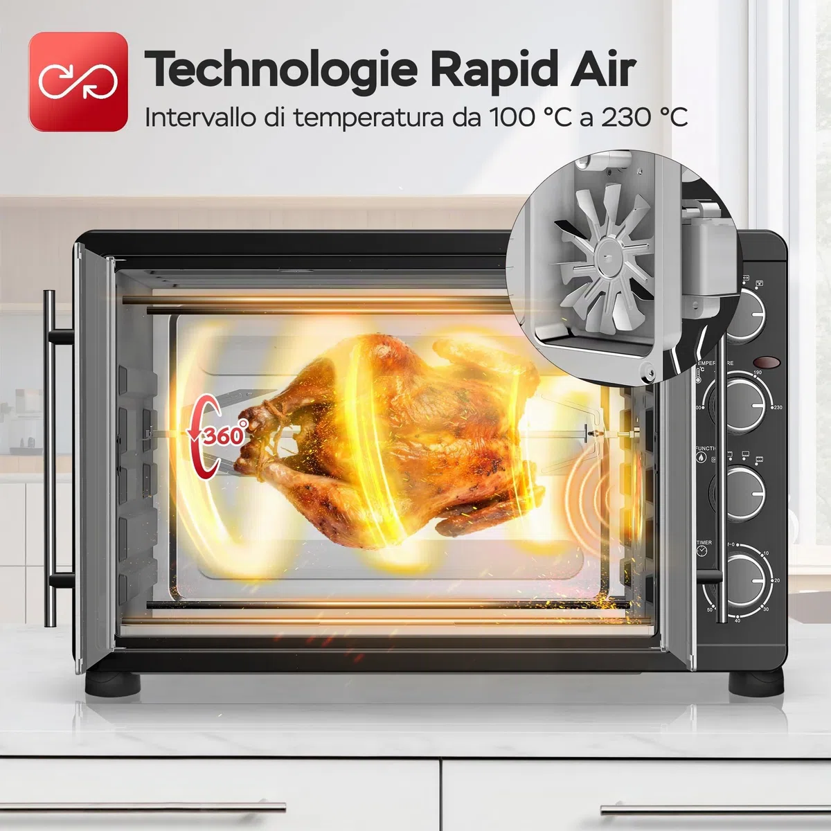 TurboTronic - Mini forno con ventilazione, 45 l, nero, 2000 W, girarrosto, timer, mini forno, pizza, teglia da forno, illuminazione interna