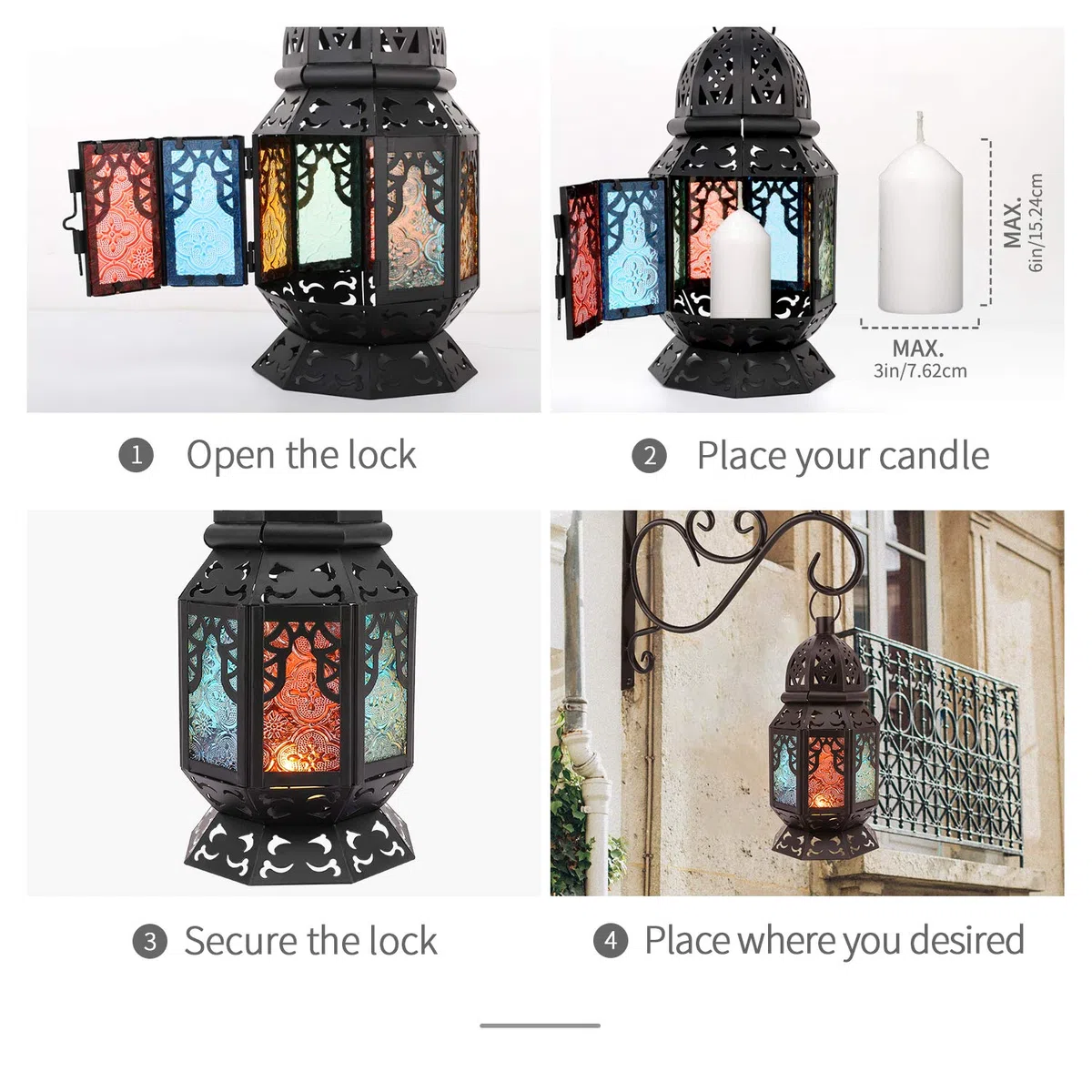 Lewondr Porta candela Marocchina in Ferro con Schermata in Vetro Multicolori, Dim 12,6 x 12,5 x 26 cm, Illuminazione Giardino, Lampada Parete Ramadan per Giardino, Balcone - Nero