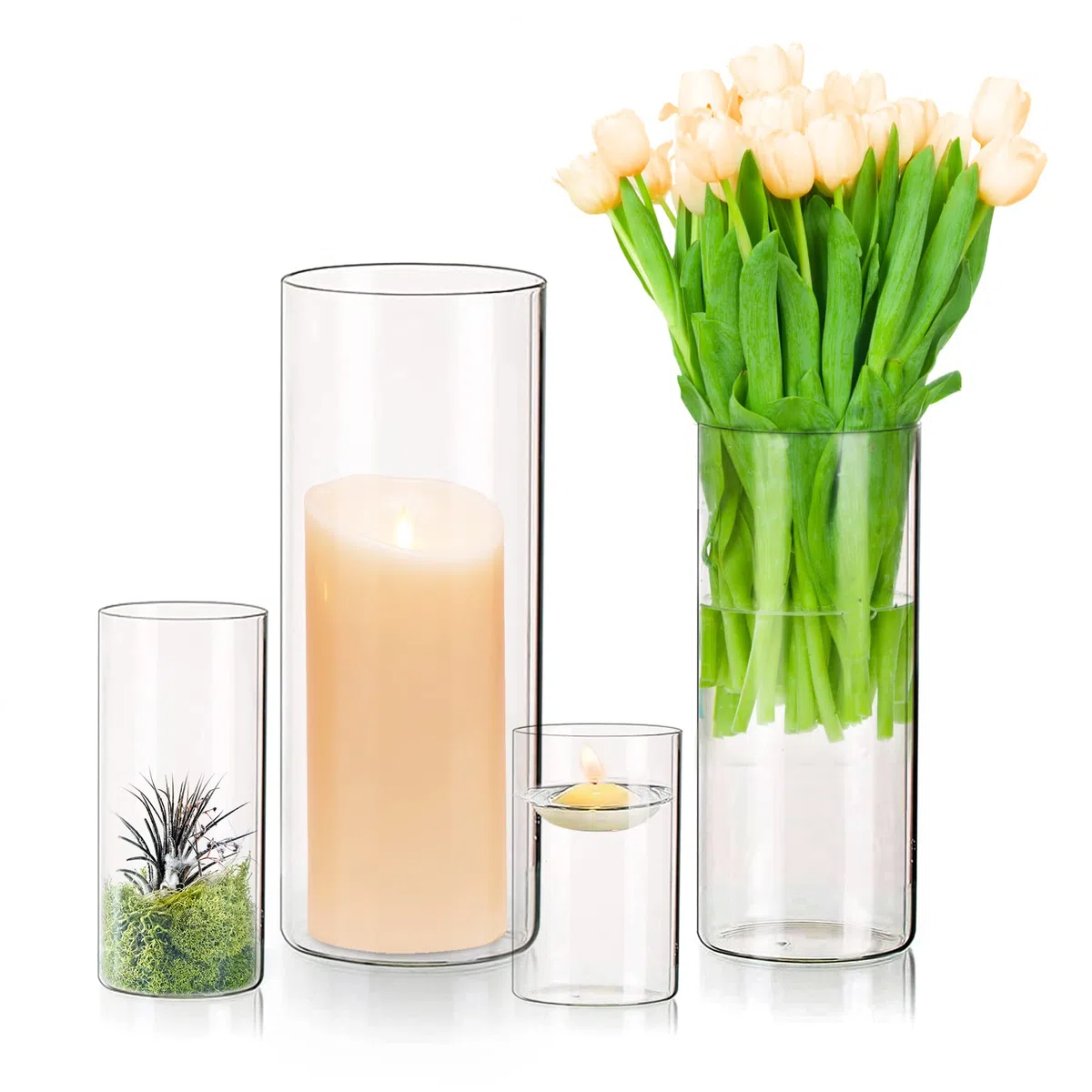 Set di 4 portacandele cilindrici in vetro trasparente a forma di uragano, vaso di fiori per lumini votivi, candele galleggianti per soggiorno, tavolo, centrotavola, decorazioni per matrimoni