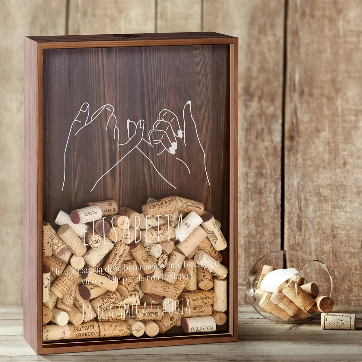 Maverton Raccogli tappi di sughero o birra - con stampa personalizzata - in legno - cavatappi per vino e birra con un coltellino - scatola porta tappi - regalo donna - amicizia