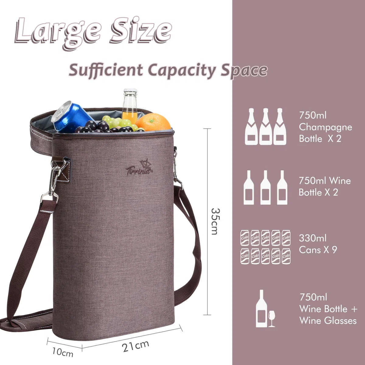 Kato Tirrinia Borsa termica isolata per 2 bottiglie refrigeranti in viaggio per vino e birra, borsa per bevande con manico e tracolla, regalo per gli amanti del vino per feste di picnic