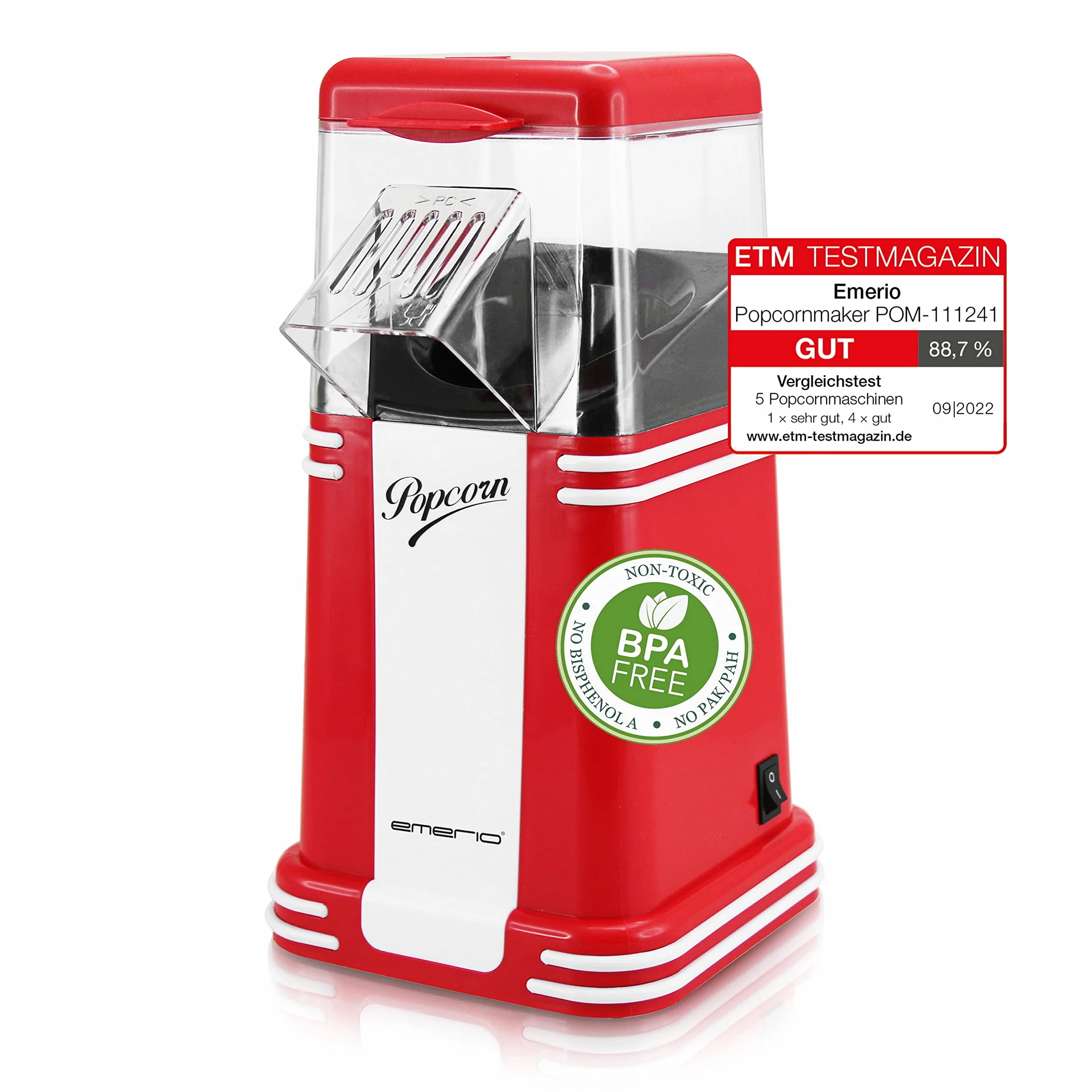 Emerio Macchina per popcorn Maker, deliziosi popcorn per la casa, facile e veloce, 60 g di mais per passaggio, 1200 Watt, facile pulizia, tecnologia ad aria calda, senza BPA, piccola