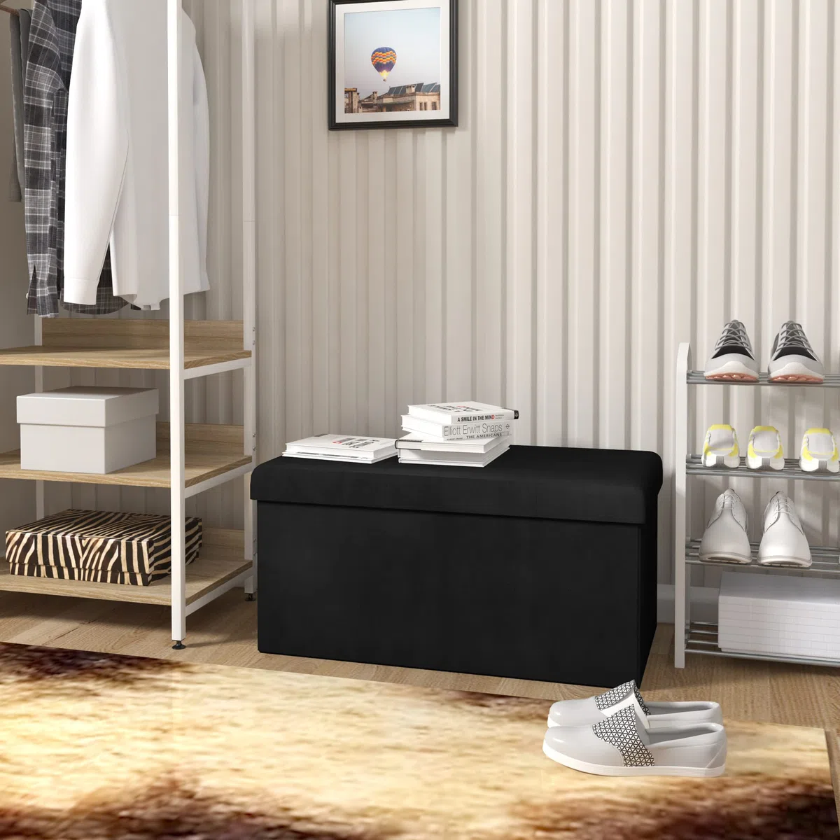 WOLTU Panche Contenitore per Ingresso Cassapanca Pieghevole Ottomane in Velluto, Max Portata Statica di 300 kg, 80 L, 76x37,5x38 cm Nero
