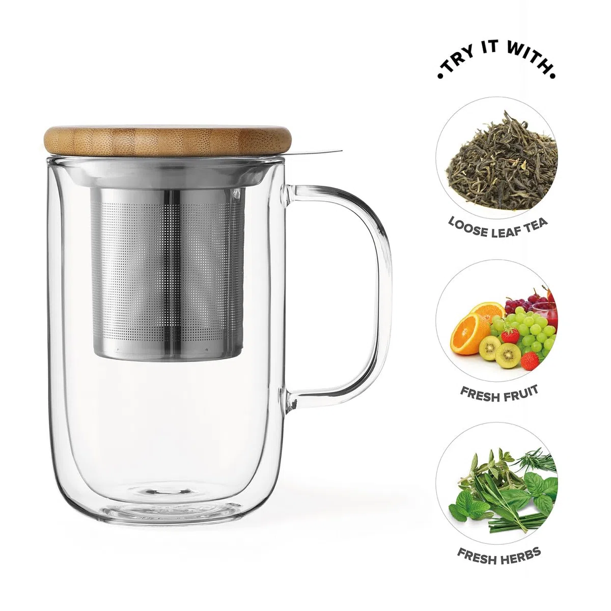 Tazza da tè in vetro borosilicato con coperchio in legno, tazza con infusore rimovibile in acciaio inox, tè sfuso, tè a foglia 0,5 l