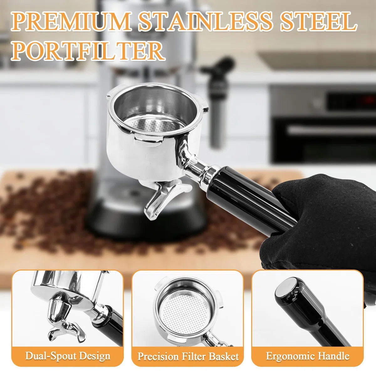 Portafiltro 51mm a 3 Orecchie con Doppio Beccuccio, Compatibile con Macchine da Caffè De'Longhi Dedica EC680 EC685 EC785 EC820 EC850 EC860, Manico in ABS Resistente