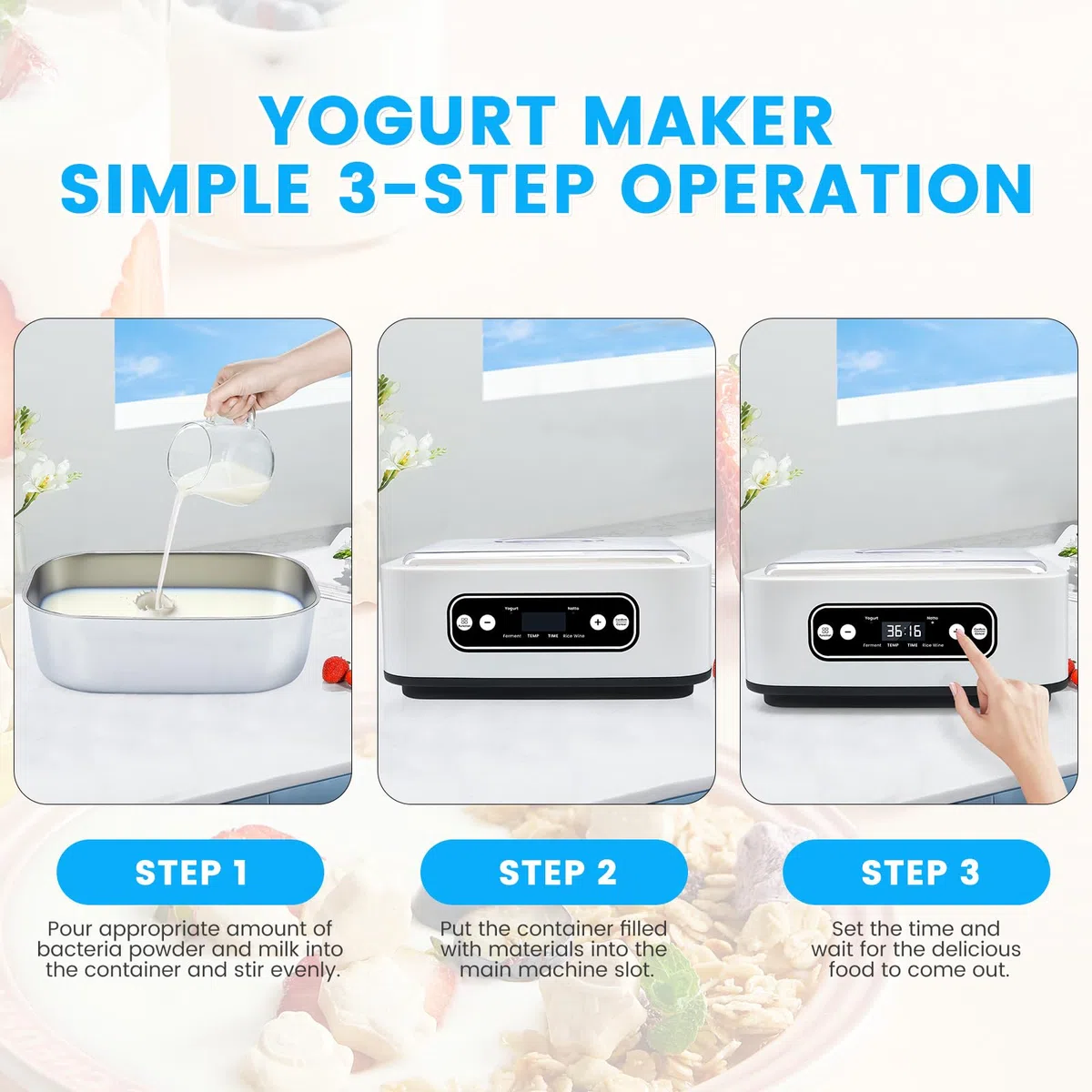 Yogurtiera Elettrica con LCD Display, con 9 Vasetti da 100 ml Ciascuno, Può produrre 1,6 litri di yogurt,Temperatura Regolabile 20-55°C, Arresto Automatico e Coperchio con Display