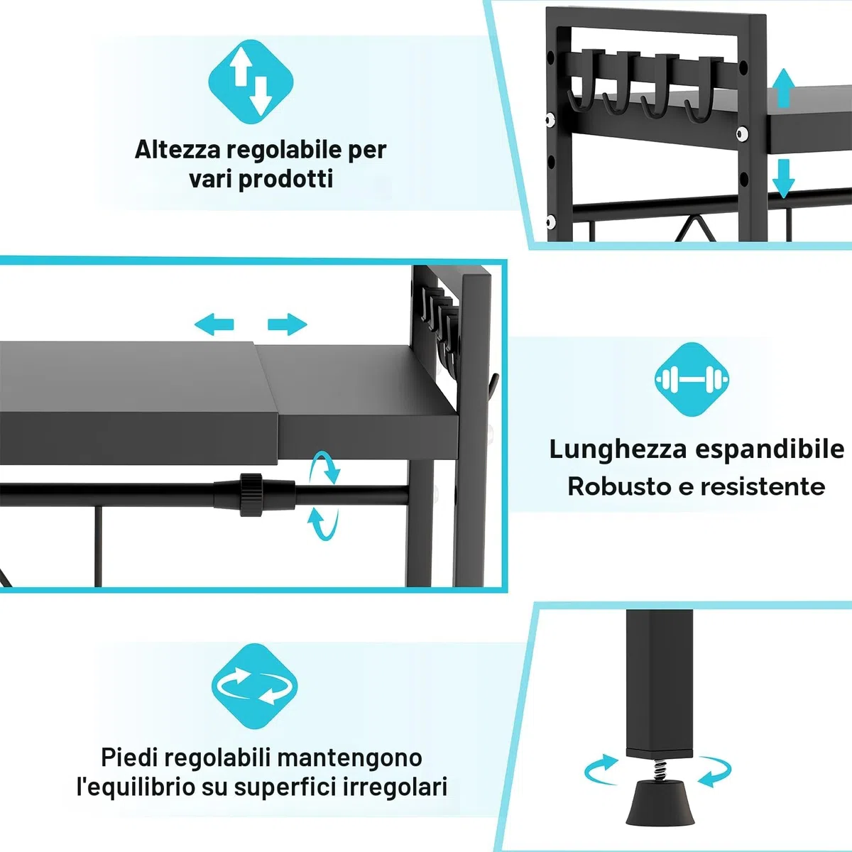 Ripiano Espandibile per Microonde, Mensola a 2 Livelli per Risparmio Spazio in Cucina, Supporto Microonde in Acciaio al Carbonio, Organizzatore di Stoccaggio per Cucina con 8 Ganci, Nero