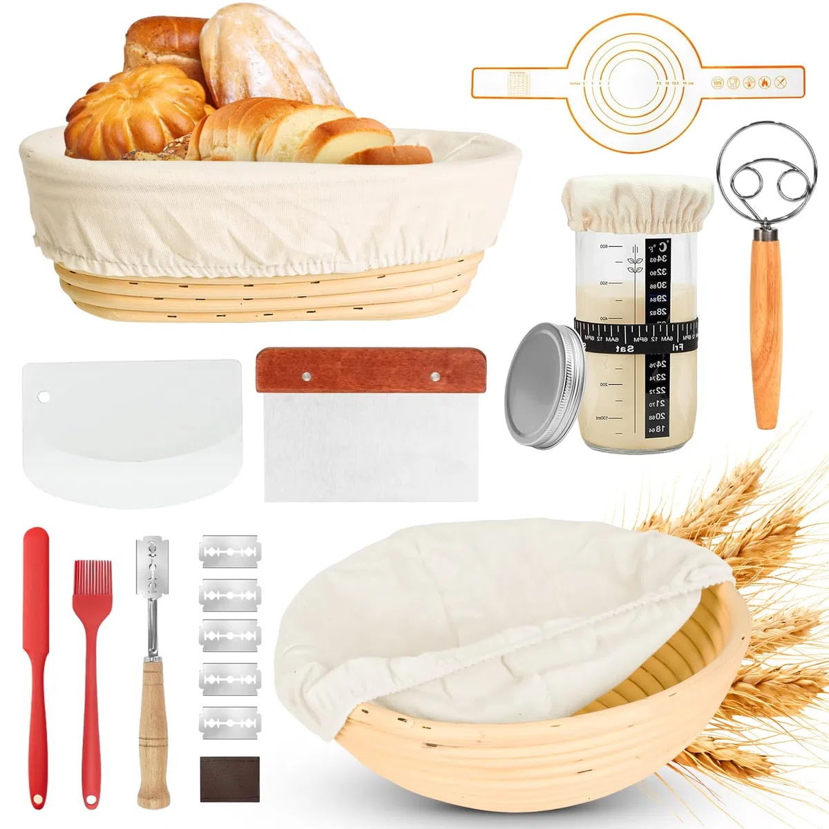 12 Pezzi Cestino Lievitazione Pane, Lievitazione Pane Rattan 25,4cm &23,5cm, Cesto in Rattan Naturale con Tela di Lino, Accessori per La Cottura Del Pane, Grande Regalo per Principianti