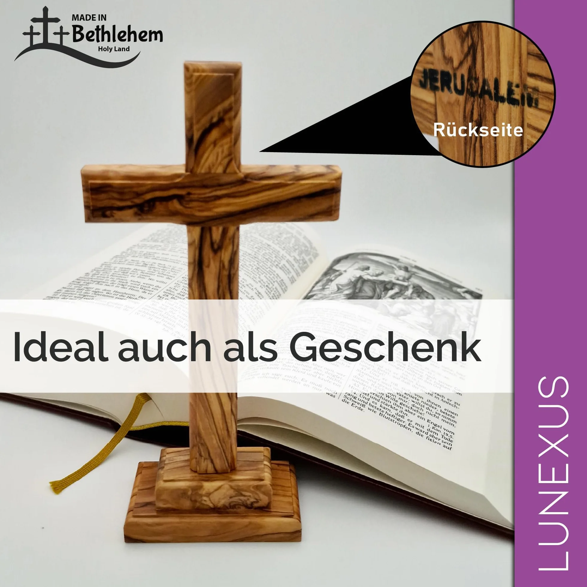 Lunexus Croce in legno d'ulivo, 18,5 cm, realizzata a mano in Betlemme, benedetta con certificato di consacrazione, croce da tavolo con supporto, regalo per battesimo, comunione, cresima, decorazione