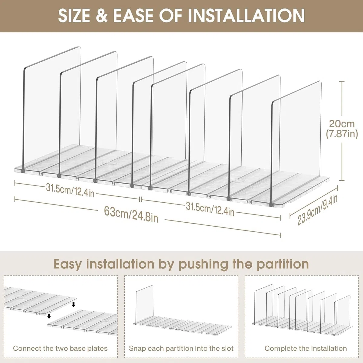 DoubleCare 8 Pezzi Organizer per Borse, Mensole Guardaroba，Divisorio per Ripiani in Acrilico TrasparenteSeparatori per Armadi Regolabili con Base, Perfetto per Borse, Cucine, Librerie, Armadi