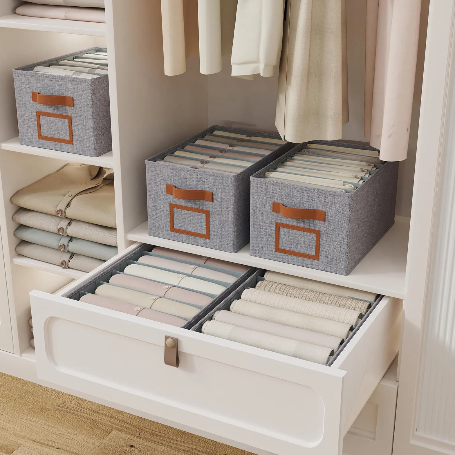 OUTBROS Jeans Organizer Armadio, 3 Pezzi Impilabile Cubi Cassetti, Pieghevole Divisori Contenitori, Scatole Portaoggetti con 7 Scomparti, per Pantaloni, Coperta, Maglione, Grigio