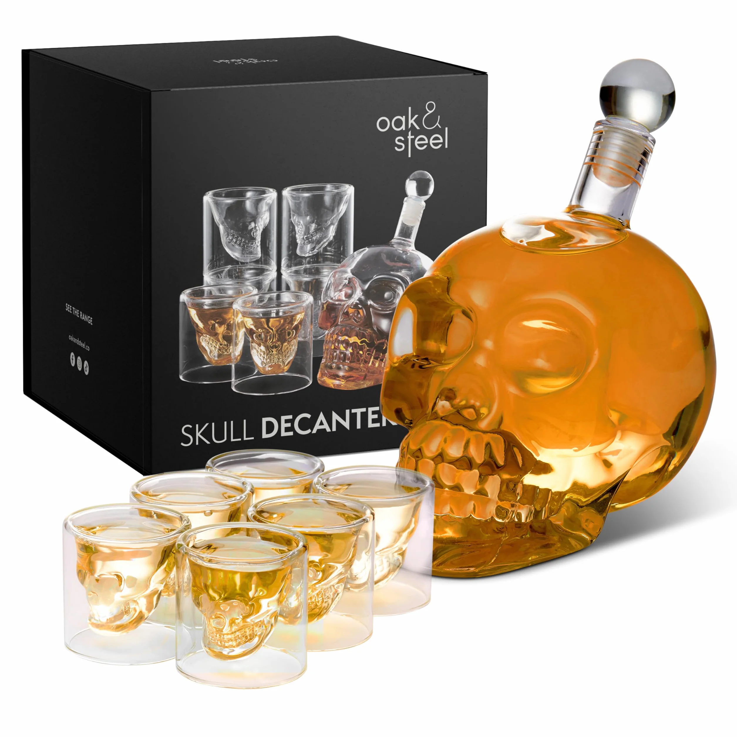 Oak & Steel - Decanter per Whisky e Grappa a Forma di Teschio (700 ml) - Include Bicchieri (75ml) e Tappo in Vetro - Confezione Regalo con Design Raffinato