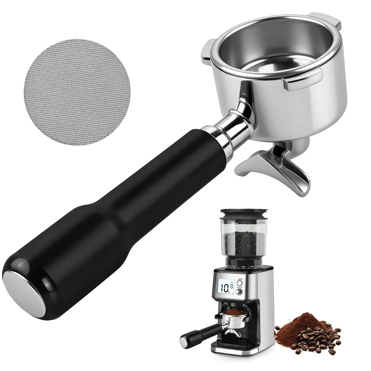 Portafiltro 51 mm 3 Orecchie con Doppio Beccuccio, Portafiltro 51mm Compatibile con Delonghi Dedica EC680/EC685/EC885, Manico in ABS e Supporto Filtro in Acciaio Inox (Nero)