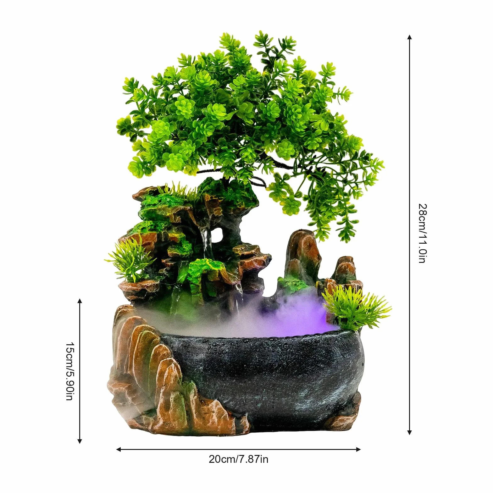 Fontana da interno con illuminazione LED, Fontana da tavolo per soggiorno, scrivania, cascata desktop, bonsai ornamentale, fontana da tavolo a cascata, fontana da scrivania con piante, decorazione