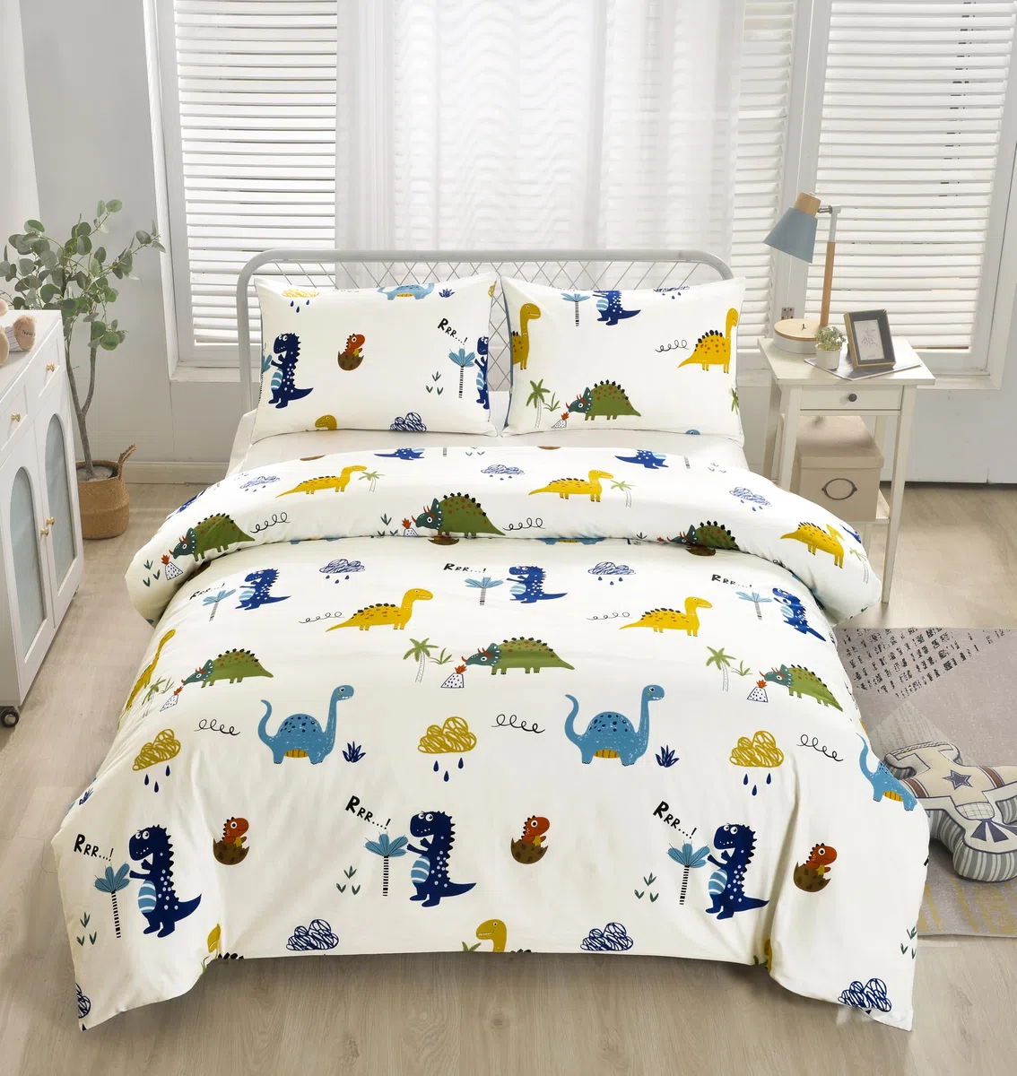 Lunoroey, Set di biancheria da letto con copripiumino per bambini, misura doppia, 100% cotone, per ragazzi e ragazze, con motivo di dinosauri, morbido cotone per tutte le stagioni, copripiumino e