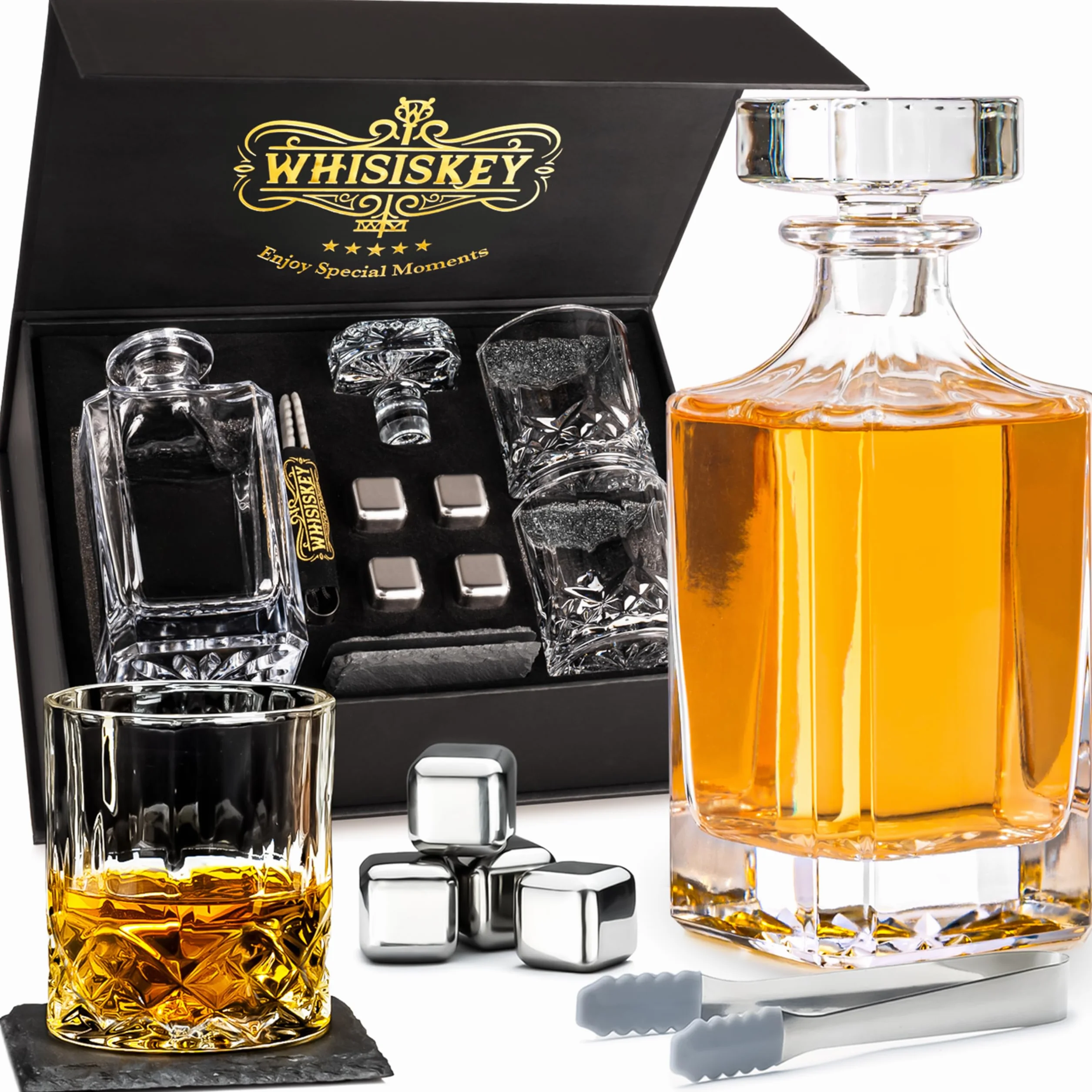 Whiskey Decanter per Whisky - Set Regalo per Uomo al Compleanno - Decanter 700ML, Scatola Regalo, 2 Bicchieri da Whiskey x 310ML, 4 Pietre di Whisky, Accessori
