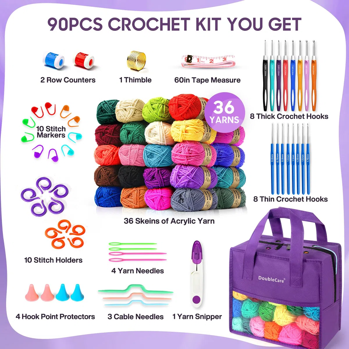 DoubleCare Set di uncinetto per principianti da 90 pezzi, 1439 metri di filato in 36 colori, set di accessori per uncinetto da 54 pezzi incluso uncinetti ergonomici per DIY Amigurumi, sciarpe, idea