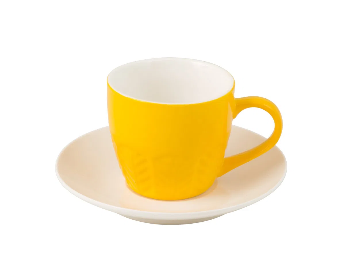 H&H Set 6 Tazze 130 CC Confezione 6 Tazzine caffè New Bone China con Piatto Giallo Cc130, 130 ml