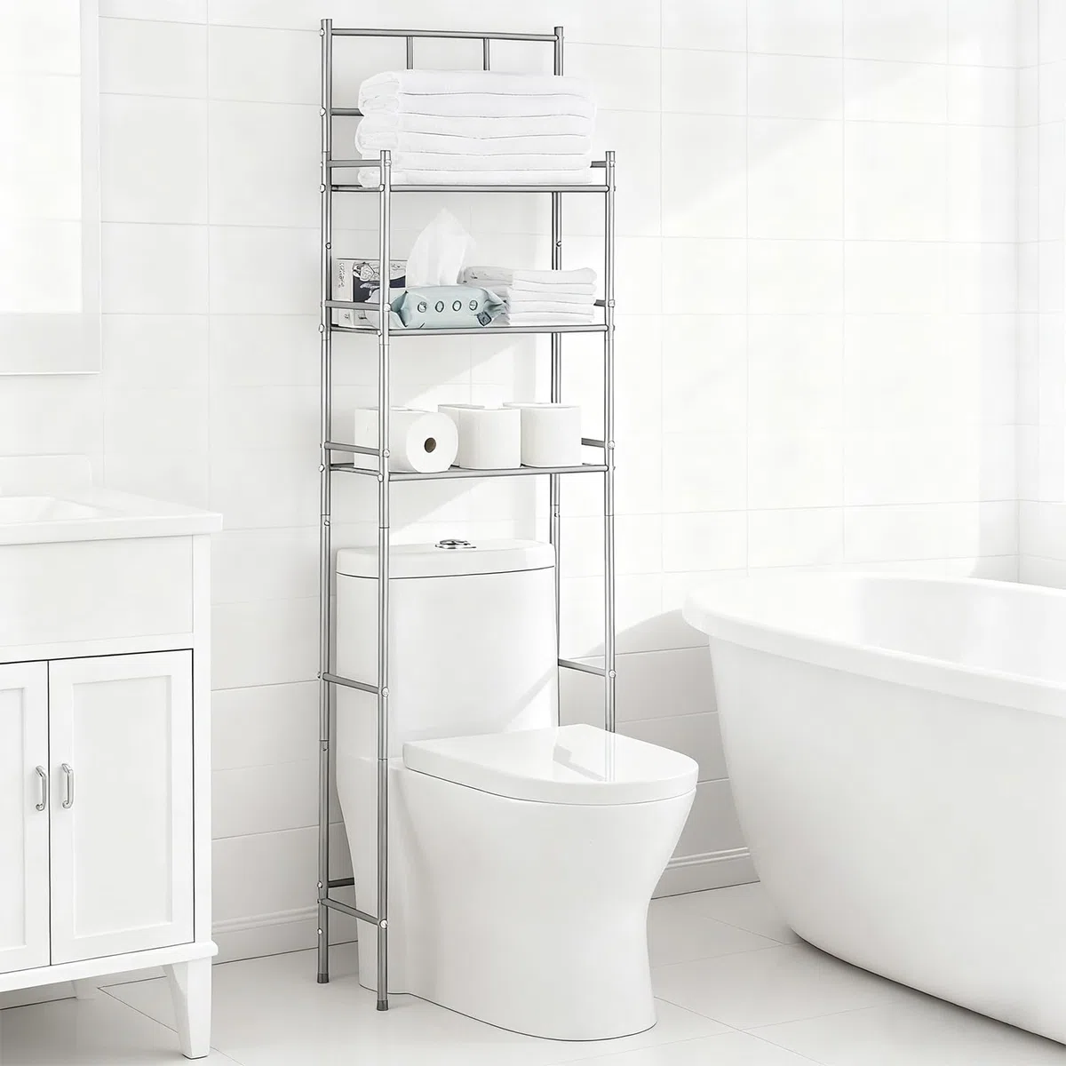 Mobile Sopra WC, Salvaspazio, 3 Ripiani Scaffale Sopra WC, Indipendente Mensola per Servizio Igienico, Mensola portaoggetti da Bagno, Grande Capacità, 46 x 26 x 168 cm, Grigio
