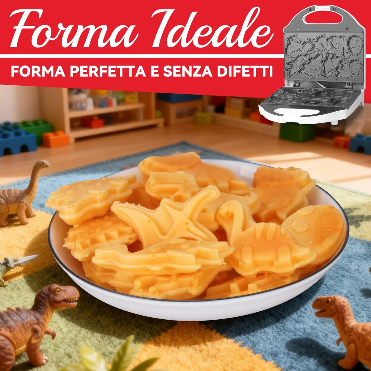 SugarWhisk Mini Piastra Waffle, Piastra Per Waffle, Mini Waffle Maker Con 8 Motivi Di Dinosauri, Amato Dai Bambini, Bianco