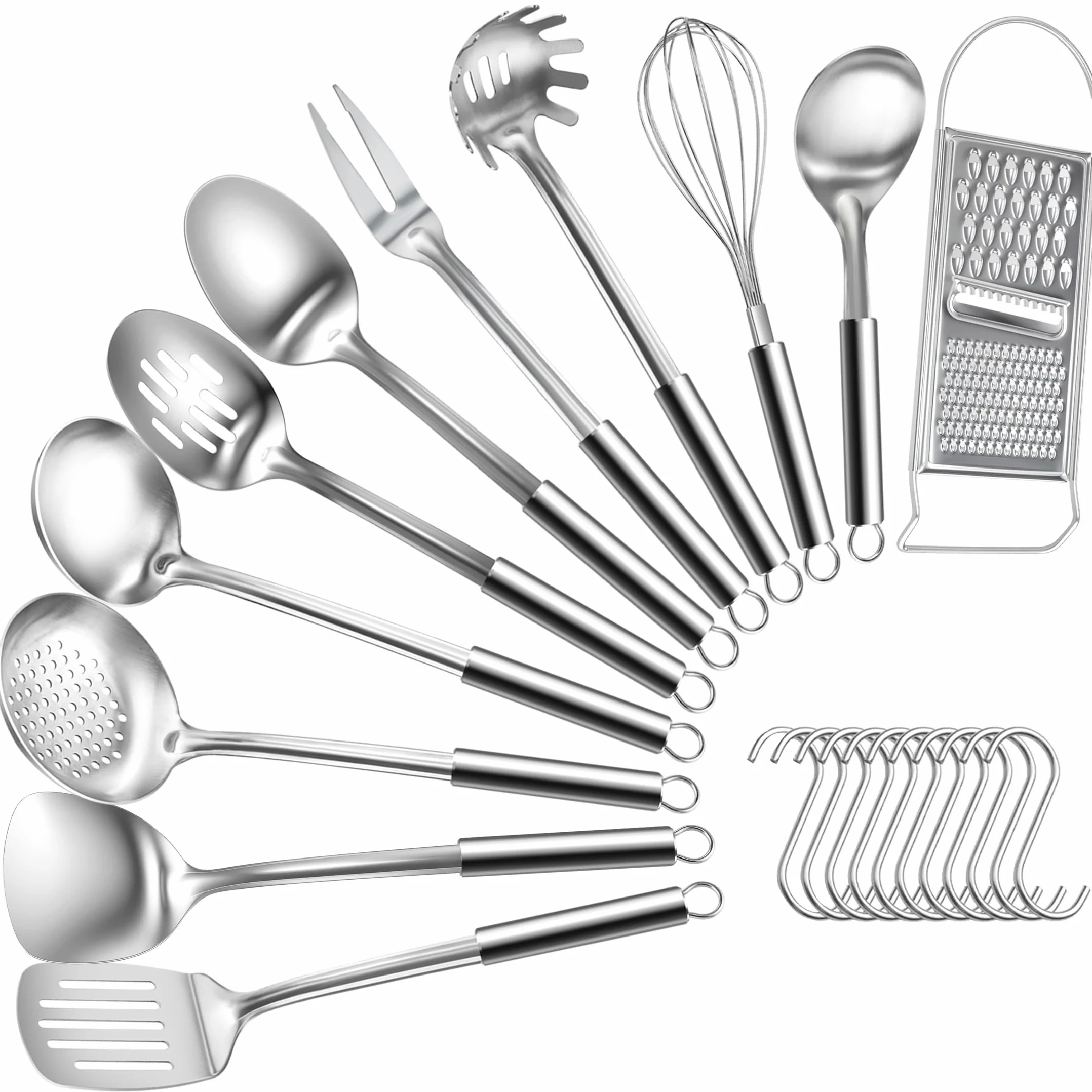 Bestdin Set di Set Utensili Cucina – 12 Pezzi di Utensili da Cucina in Acciaio Inossidabile, Resistenti al Calore, con Ganci, Contiene Accessori da Cucina come Mestoli Cucina, Spatola