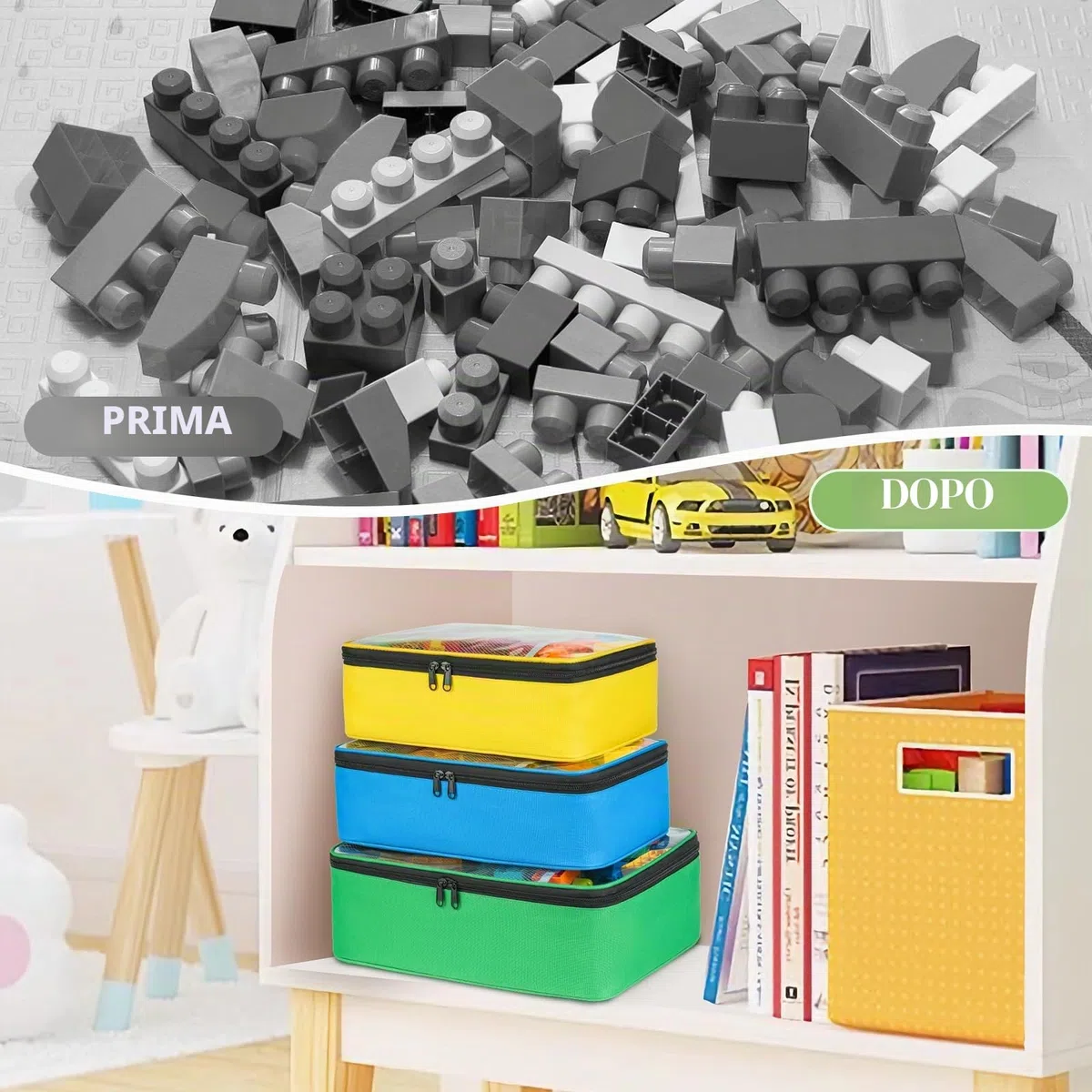 Sacchetti per riporre giocattoli compatibili con mattoncini Lego, 5 pezzi organizer da viaggio per giocattoli per bambini blocchi da costruzione, macchinine giocattolo, puzzle con tasca a rete e tasca
