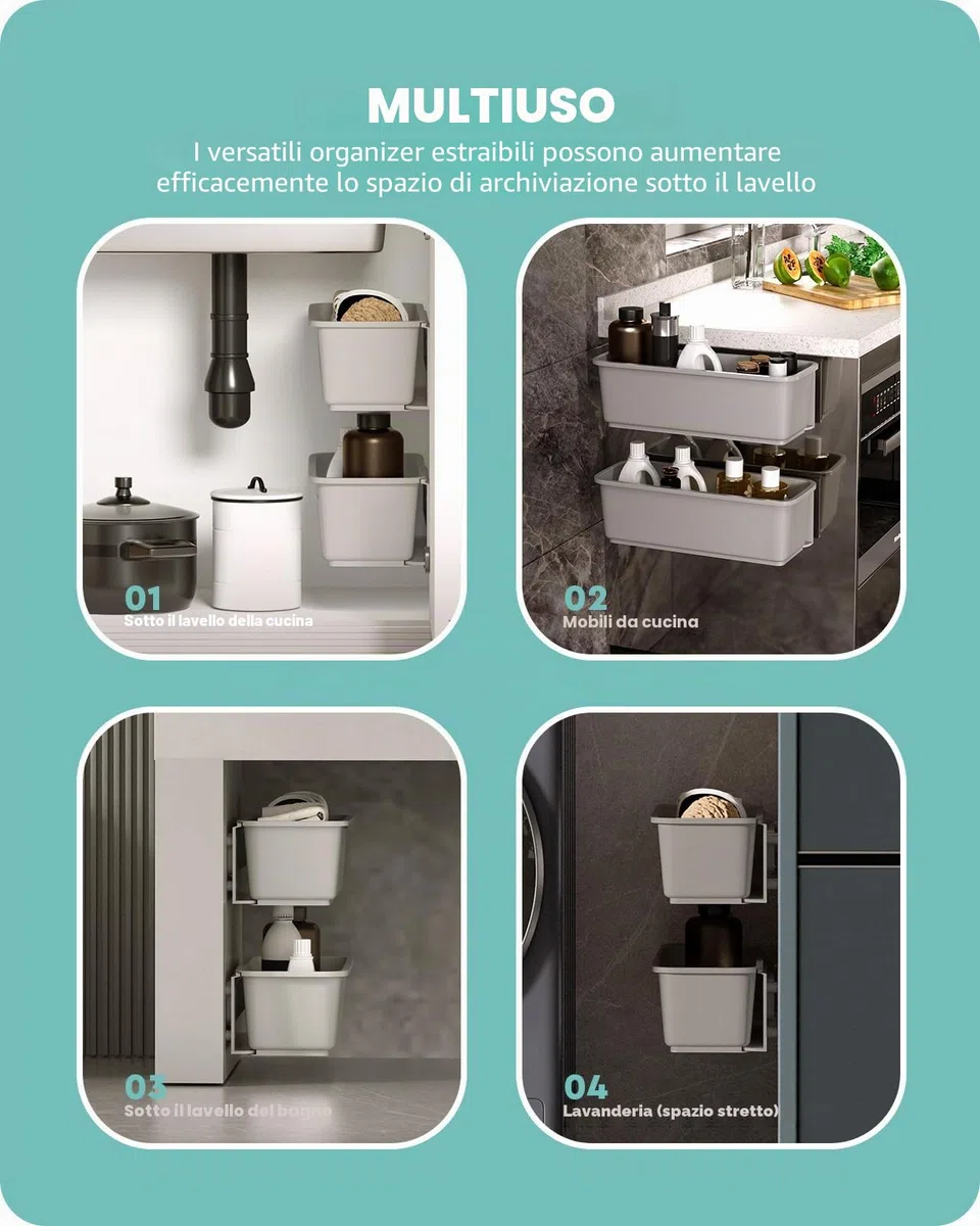 Baffect 2 pezzi Organizzatore mobile per cestello scorrevole per bagno in cucina, cassetti estraibili sotto organizer per lavandino Cestini scorrevoli fissati a parete per dispensa Doccia (grigio)