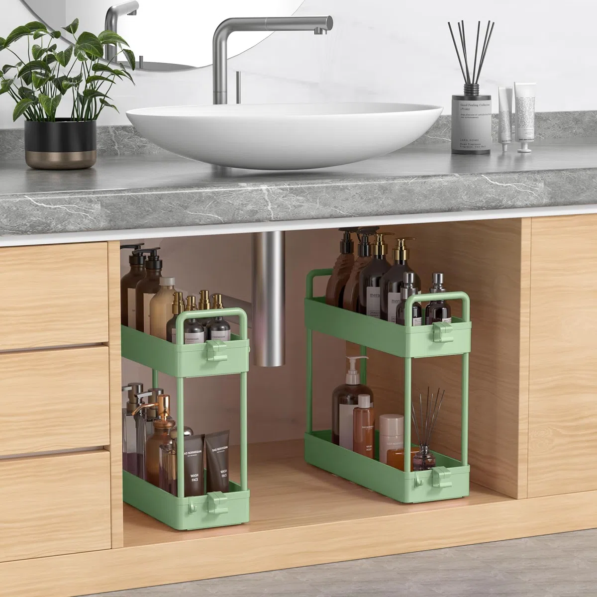 SOLEJAZZ Carrello portaoggetti a 3 ripiani, scorrevole, sottile, con rotelle, organizer per cucina, bagno, lavanderia, camera da letto, spazi stretti, plastica, verde