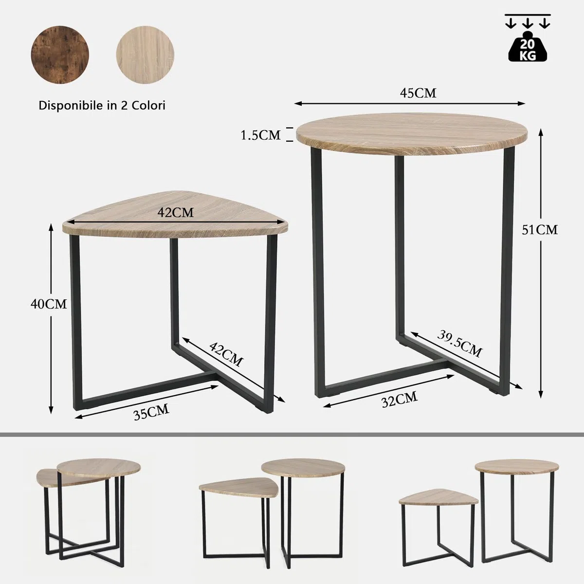 MEUBLE COSY Set di 2 Tavolino da caffè per Soggiorno Salotto Tavolini Sovrapponibili Salotto in Legno e Metallo, Stile Industriale, Marrone Chiaro