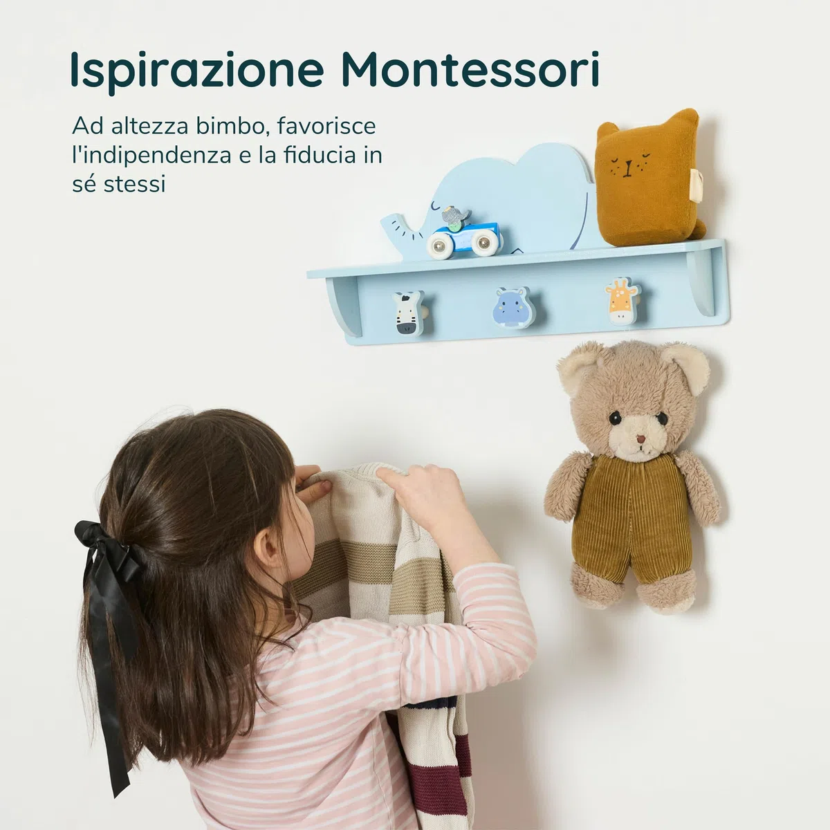 Twig & Leaf Appendiabiti da Parete Bambini in Legno FSC con 3 Ganci - Mensola Cameretta Elefante Montessori - Attaccapanni Bambini da Muro