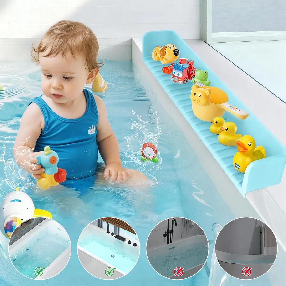 Paraspruzzi per Vasca Da Bagno per Bambini, In Silicone, Paraspruzzi Più Lungo, Supporto per Giocattoli per Vasca Da Bagno Impedisce Fuoriuscite d'Acqua In Bagno
