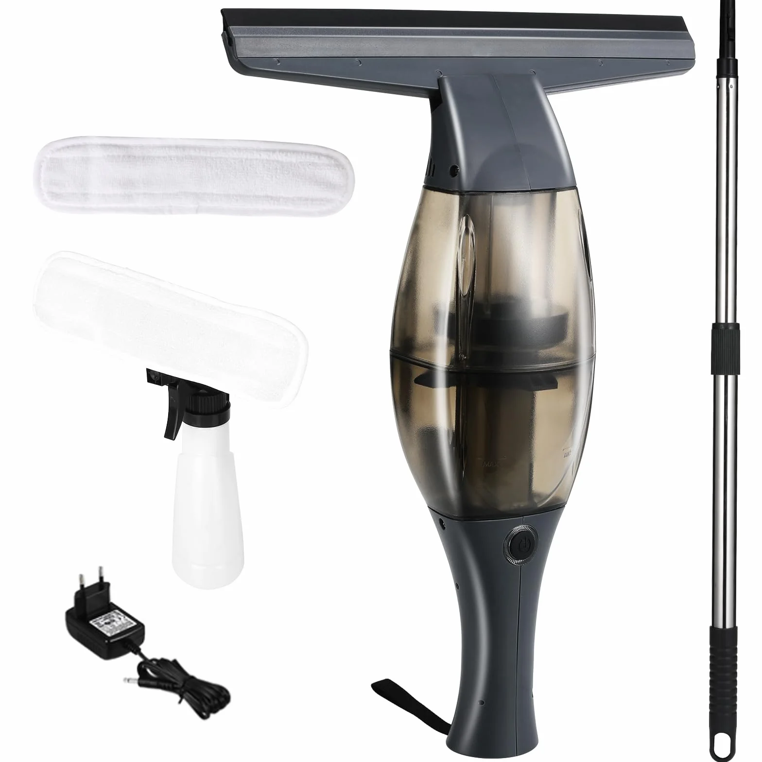 Aspiravetri a batteria,lavavetri elettrico,lavavetri con manico telescopico,40 min,bocchetta aspirazione 28 cm,flacone spray con copertura in microfibr per una pulizia a 360° senza aloni (Nero)