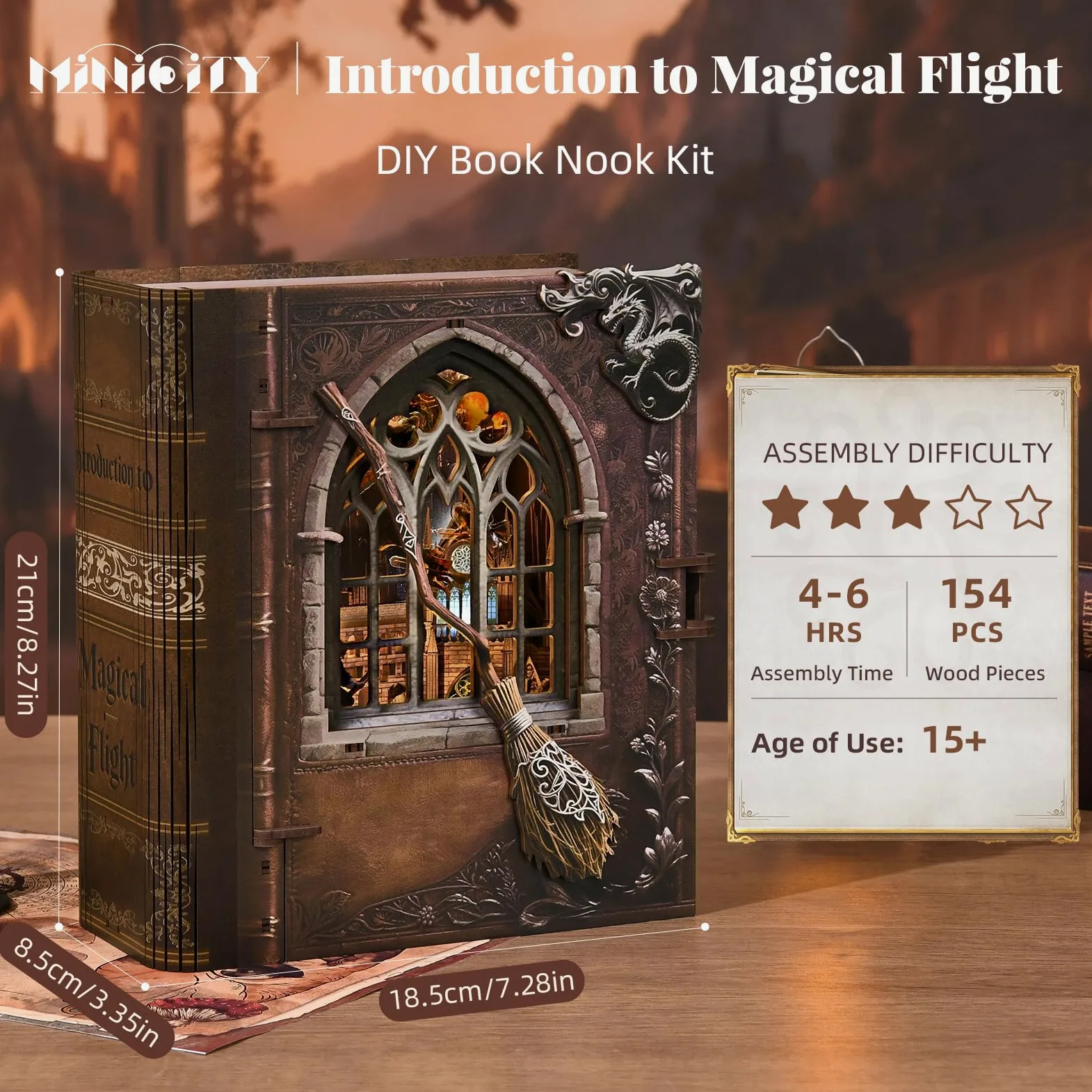 MiniCity Book Nook Kit – Puzzle in legno in miniatura con luci a LED 3D, fermalibri per libreria, decorazione regali creativi (introduzione a magical Flight)