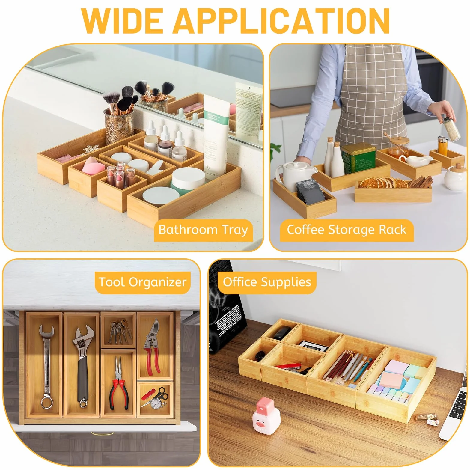 DBREAKS Set di 6 Organizer per Cassetti in Bambù, Organizer Multiuso in Legno, Impilabile, Per Cosmetici, Cucina, Bagno o Ufficio ogn (Naturale)