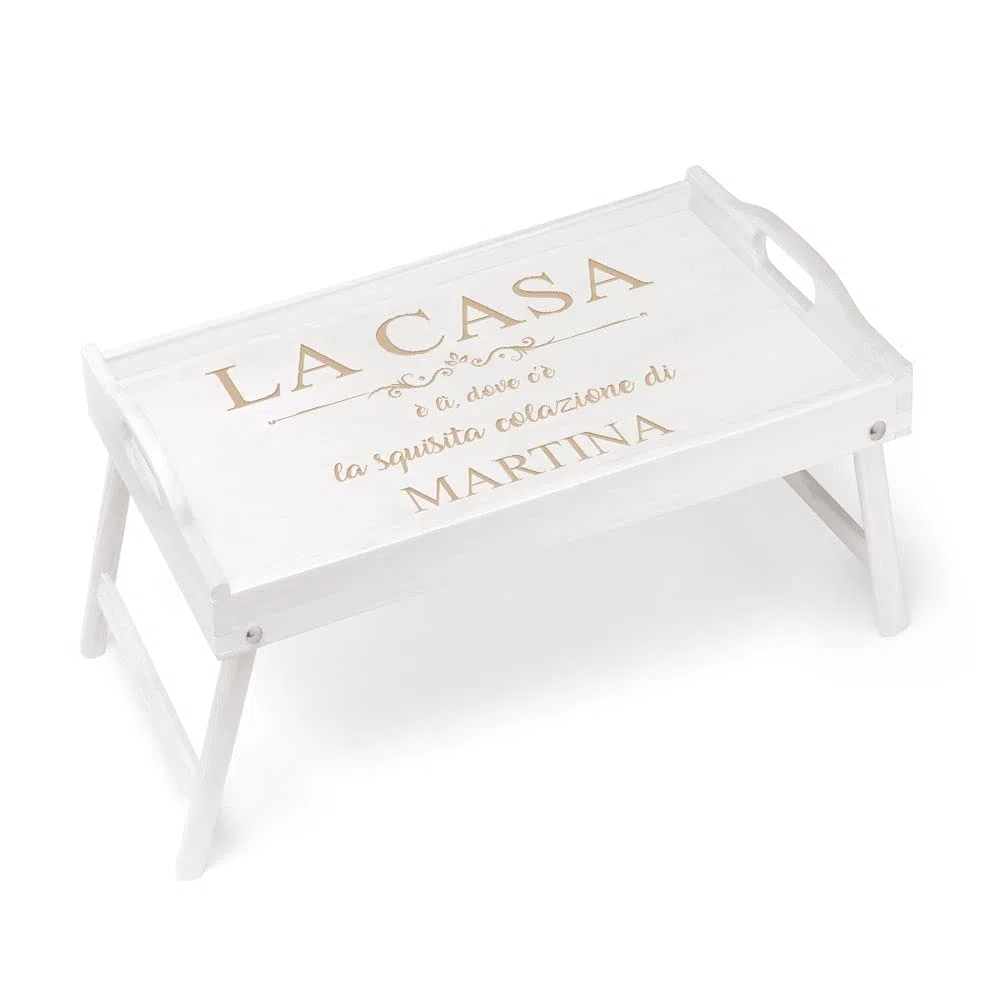 Maverton Vassoio da Colazione a Letto Personalizzato - Tavolino Pieghevole Bianco in Legno - Incisione Laser - Tavolo Multiuso 50 x 30 cm - regalo donna - Casa