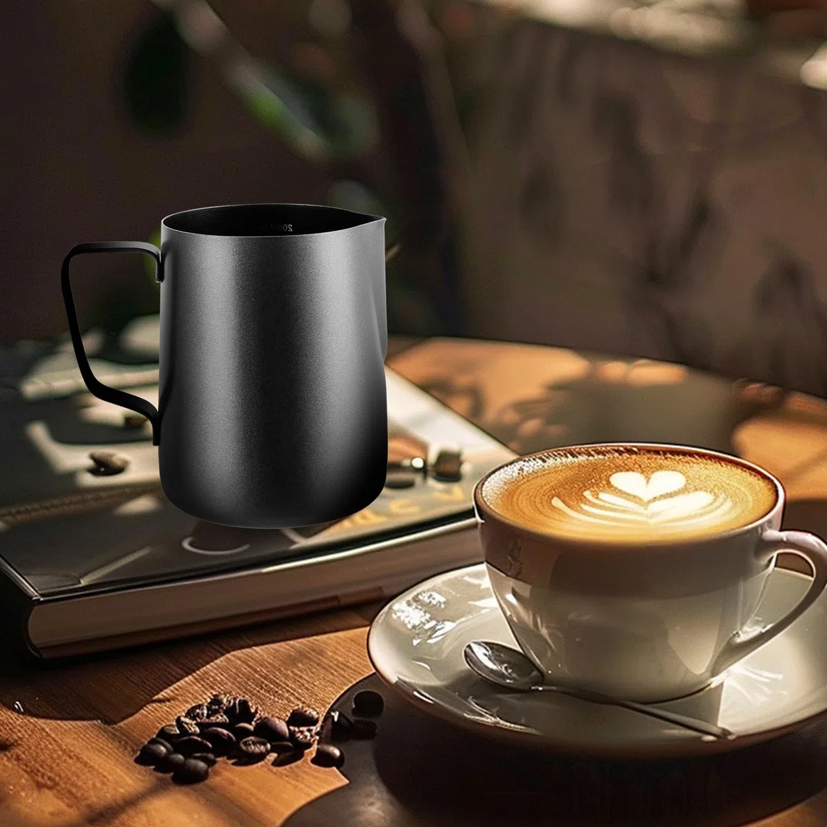 APACALI Barista - 2 bricco per latte in acciaio inox nero, con misurazione Mark e Latte Art, per cappuccino espresso, 600 ml + 350 ml