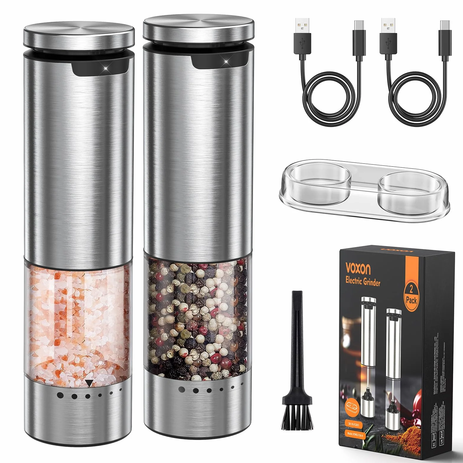 VOXON Set di 2 macine per sale e pepe con USB, ricaricabili a 5 livelli, regolabile, macinazione automatica, pepe elettrico con luce LED per barbecue, ristorante cucina