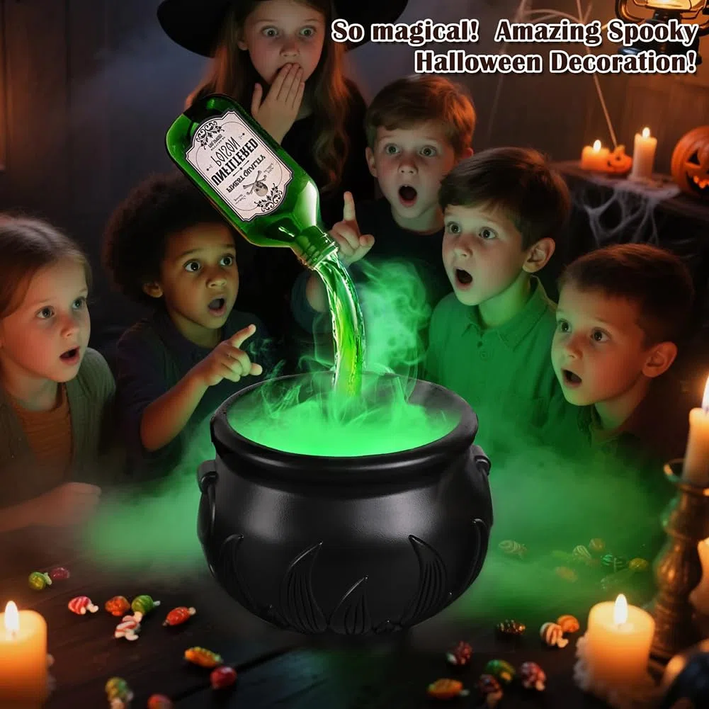 Starnearby Decorazioni Halloween Calderone con Scheletro, Calderone Strega Halloween con Bottiglia di Pozione Magica Galleggiante e Diffusore, Calderoni in Plastica con Fumo (25 CM)