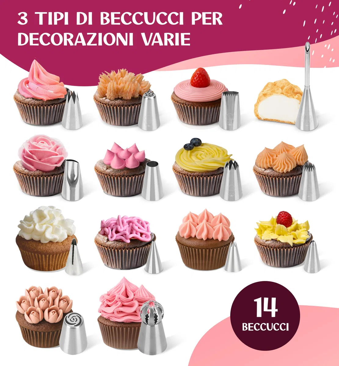 Kit Decorazione Torte con beccucci Inox e sac à Poche | con Anello Regolabile e Piatto Girevole - per Principianti ed esperti