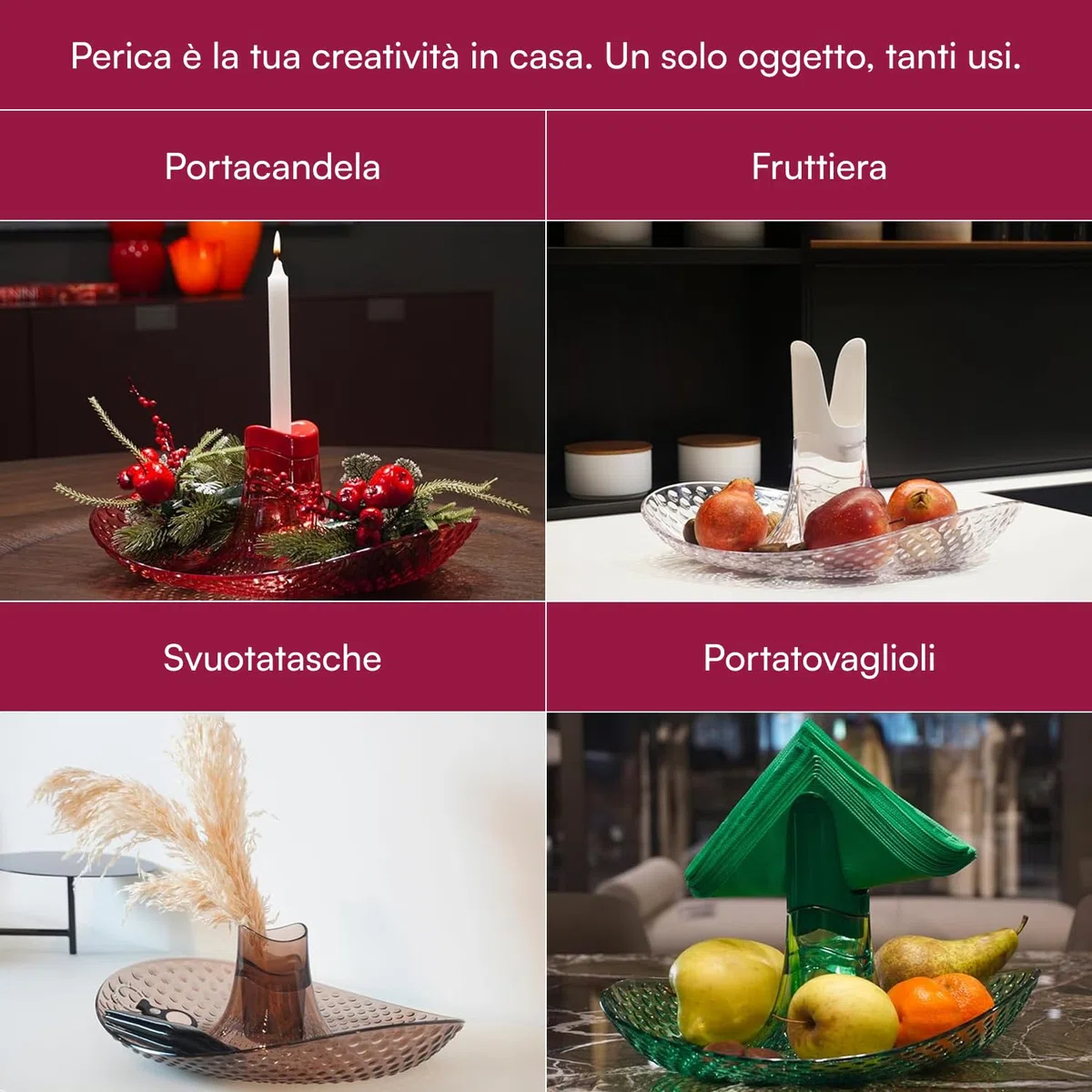Granata Perica Porta Frutta da Tavolo, Centro Tavola Moderno con Design in Policarbonato Trasparente di Qualità, Fruttiera Centrotavola con Alloggiamento Portatovaglioli o Portacandela