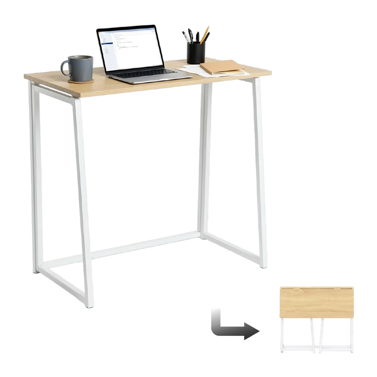 MEUBLE COSY Scrivania per Computer Pieghevole Postazione di Lavoro per Ufficio, Studio, Piccoli Spazi, Facile da Montare, Struttura in Metallo, Rovere e Bianco, 80x44x74cm