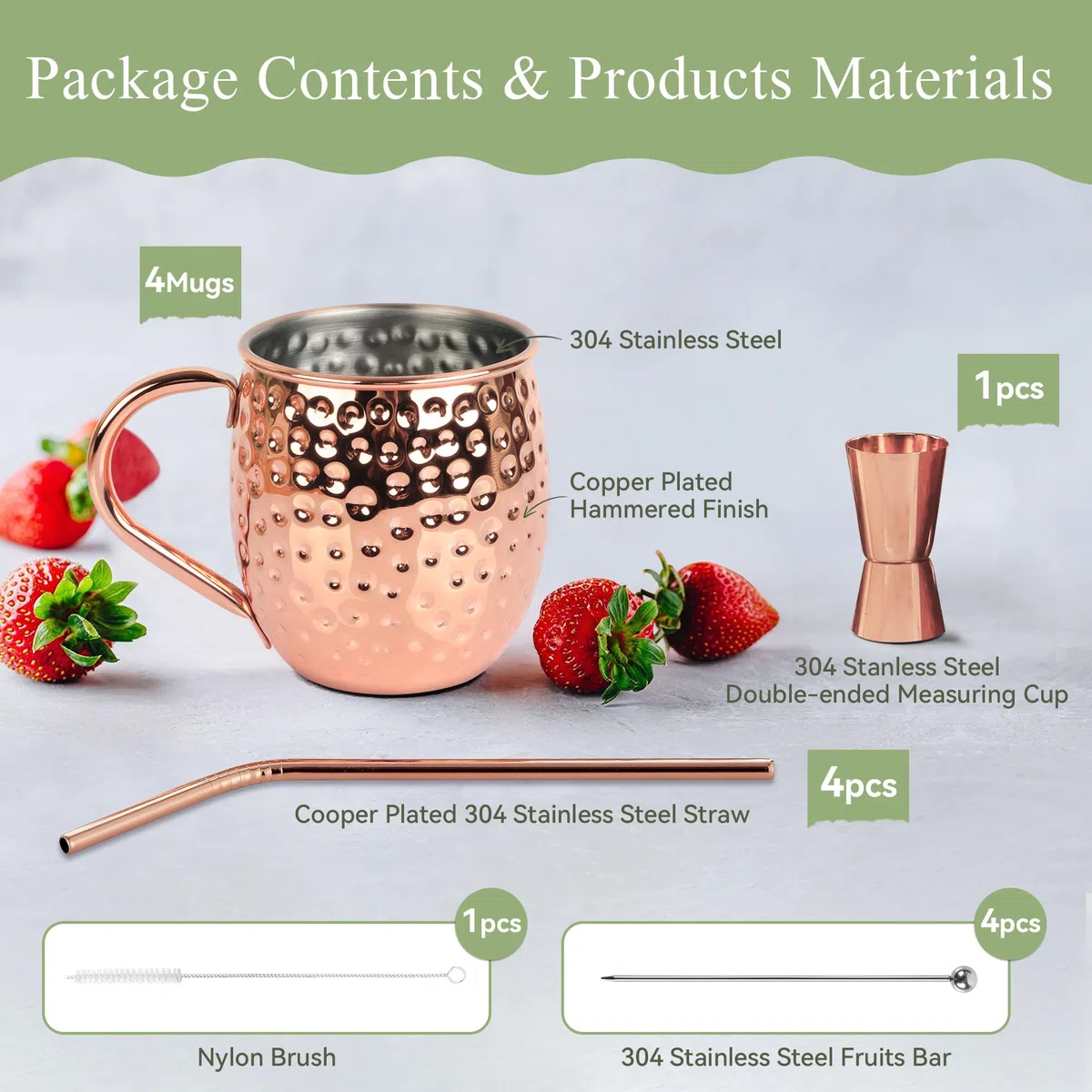 Bicchieri Moscow Mule Rame,Set di 4 Tazze Moscow Mule,Boccali Placcati Rame Fatto a Mano in Acciaio Inossidabile 550ml,Bicchieri Cocktail Mugs con Cannucce Spiedini Mosurino Scovolino