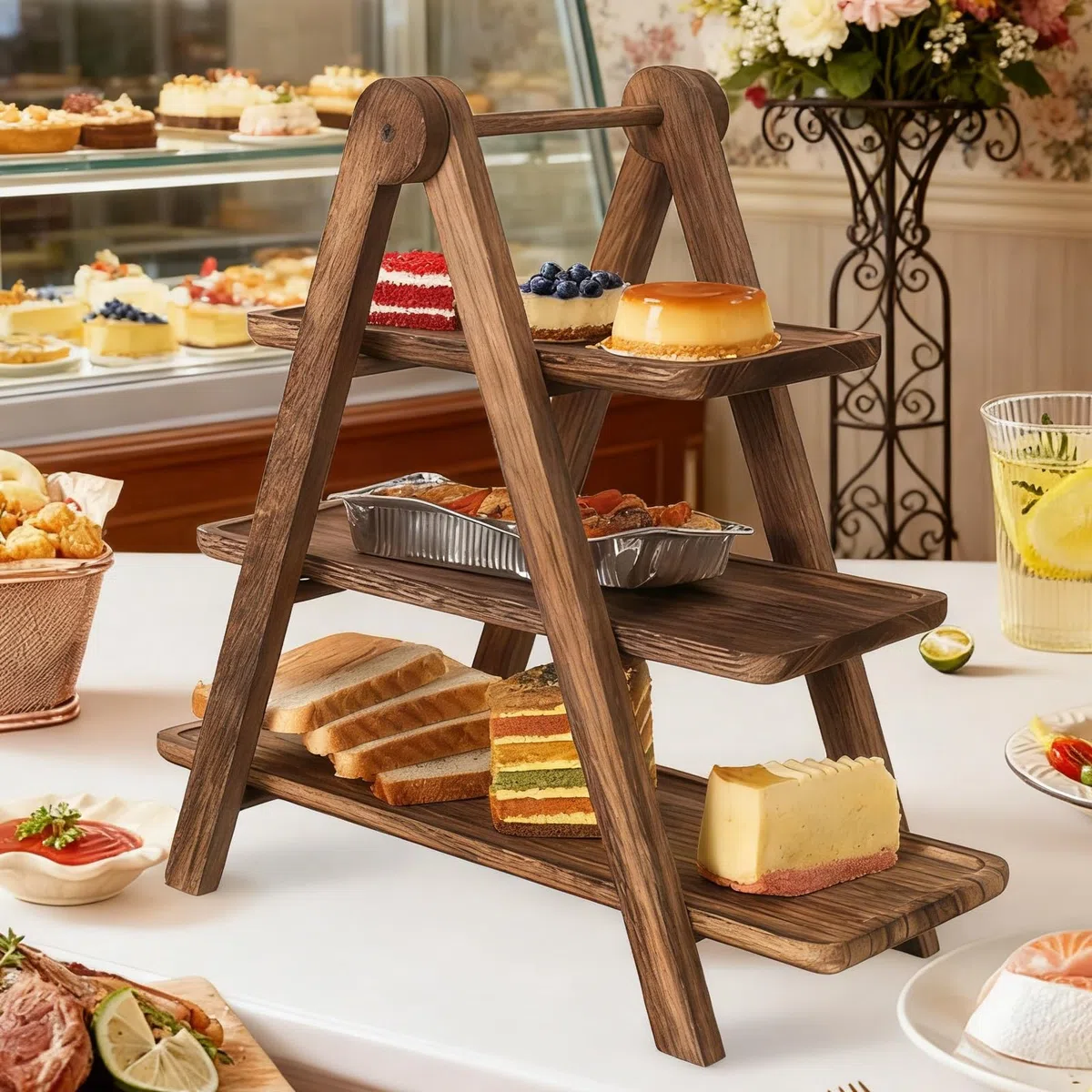 PORFOYO Supporto per cupcake, in legno, a 3 piani, per dessert, 3 piani, con maniglia, supporto in legno con piatti da portata per dessert, accessori per buffet, decorazione per feste