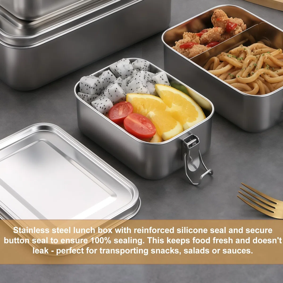 Set di 2 contenitori per il pranzo in acciaio inox con divisorio, 850 ml + 1400 ml, a prova di perdite, lavabili in lavastoviglie e impilabili, 304 contenitori per alimenti per lavoro e