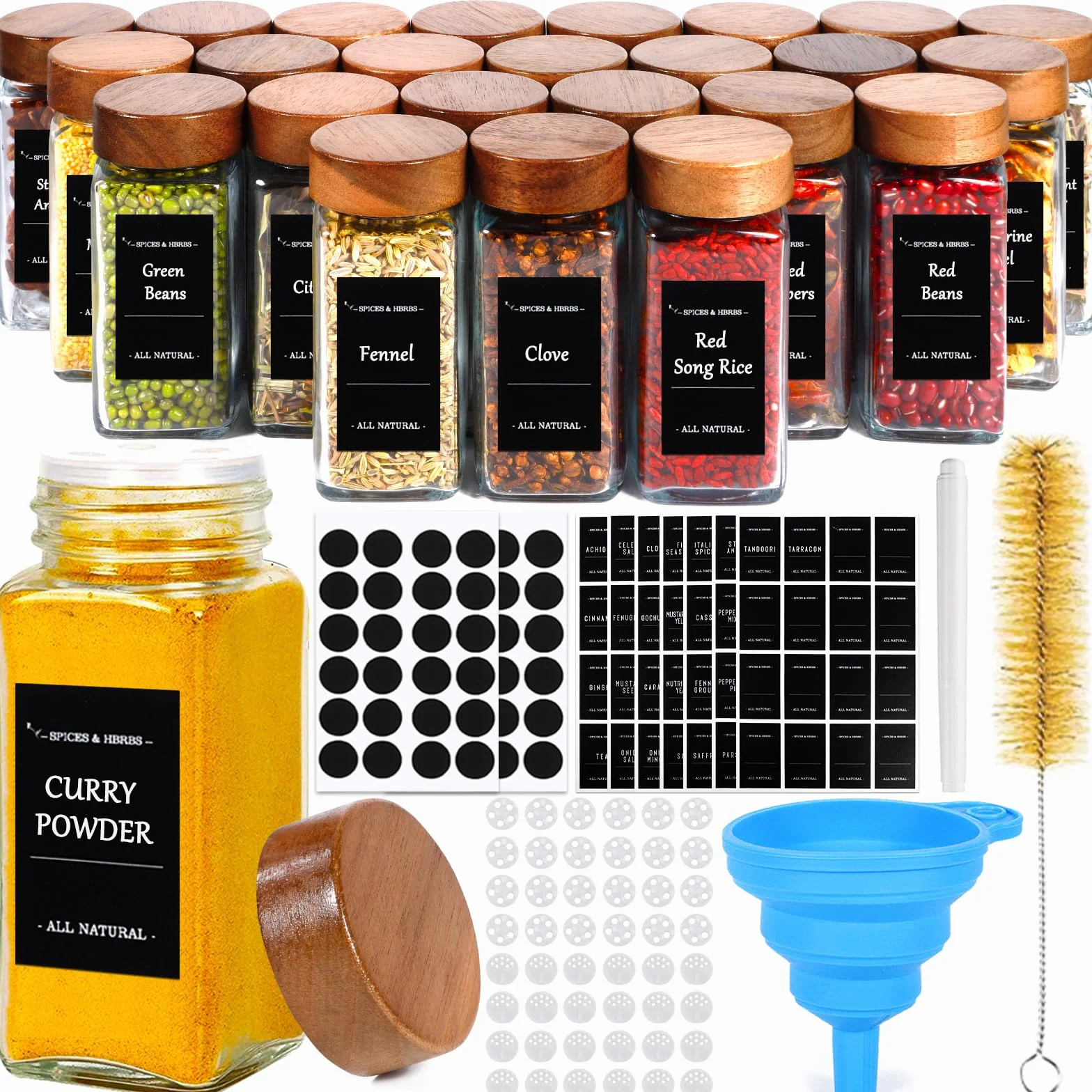 MOYKSRR Barattoli Spezie, 24pcs 120ml Barattoli Portaspezie Quadrato con Coperchi in Legna, Vasetti Portaspezie Vetro, Contenitori Spezie per Cucina con Setaccio,Etichette,Spazzola, Lmbuto