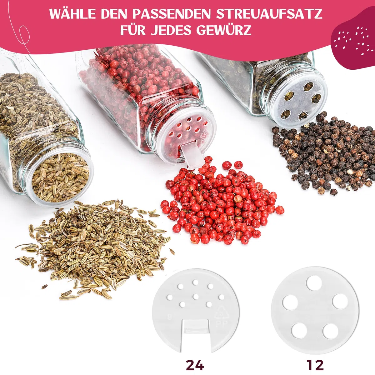 Barattoli per spezie rettangolari [24 x 120 ml] contenitore per spezie con 301 etichette, coperchi in acciaio inox, set di contenitori per spezie, spezie, portaspezie con inserto