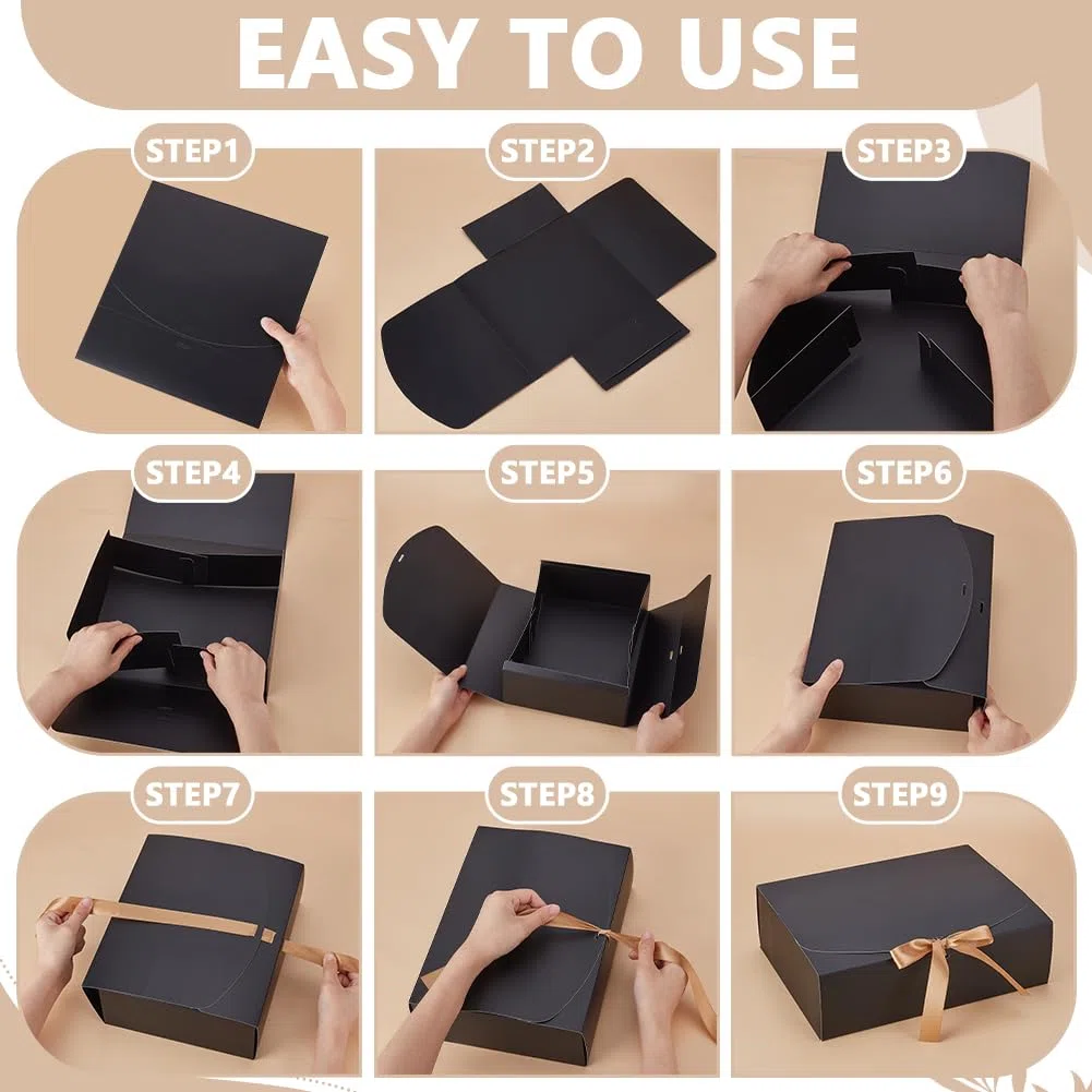 UNICRAFTALE 16 scatole regalo nere con coperchio, in carta di cartone con nastro dorato, rettangolare, di lusso, colore nero, 27 x 22 x 8 cm, per feste di laurea, Natale