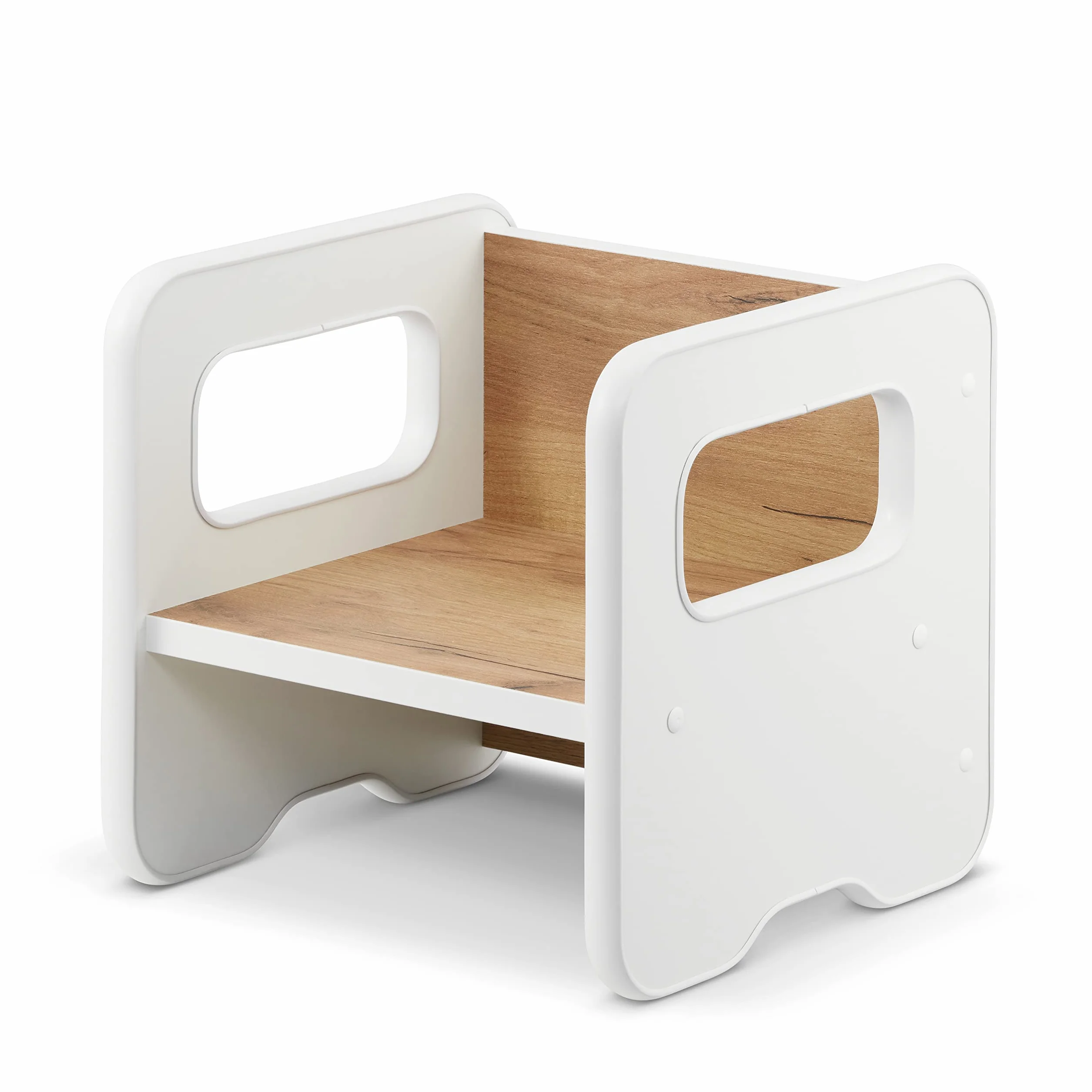 defiPad Sgabello per bambini | sgabello elegante double face | Poltrona per bambini da 1 anno | Sedia per bambini in legno | Sedia trasformabile in tavolo | (Bianco + Rovere)