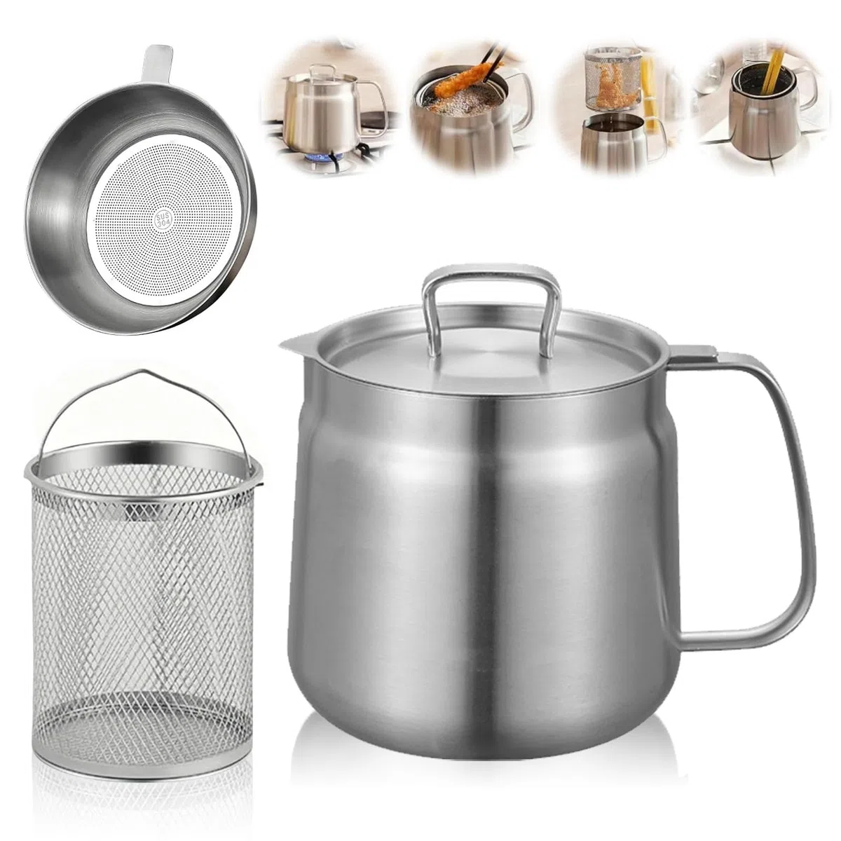 Pentola per friggere 1,5 l, con colino in acciaio inox, contenitore per grasso, cestino per friggere con coperchio antipolvere, contenitore per olio per conservare arrosto e grasso da