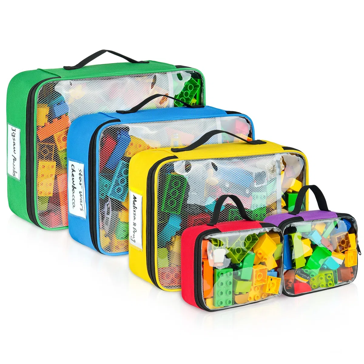 Sacchetti per riporre giocattoli compatibili con mattoncini Lego, 5 pezzi organizer da viaggio per giocattoli per bambini blocchi da costruzione, macchinine giocattolo, puzzle con tasca a rete e tasca